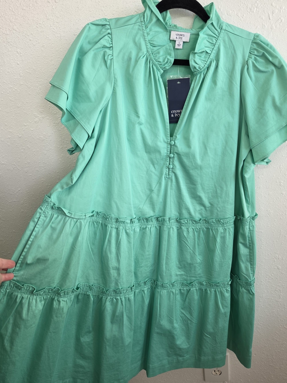 NWT Crown & Ivy Green Tiered Ruffle Flutter Sleeve Dress Size Large
